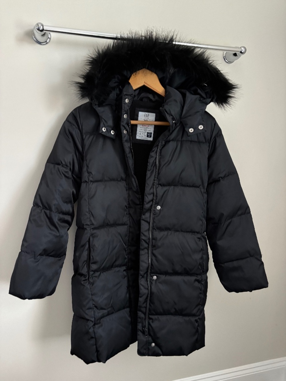 Gap Kids Girls Black Long Puffer Coat XL Fur-Trim Hood